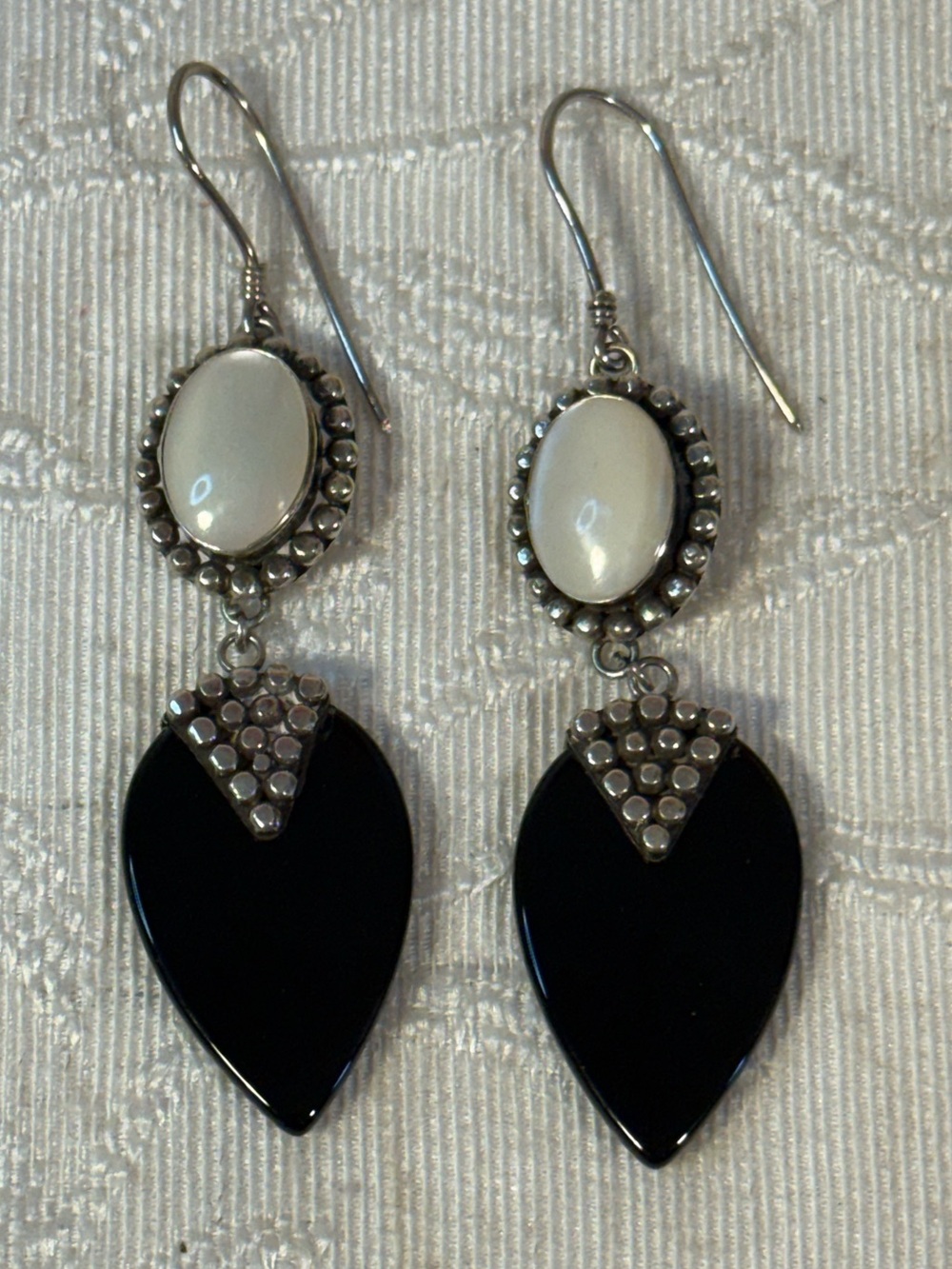 Vintage 825 Silver Likely Mother of Pearl Black Onyx Dangle Earrings